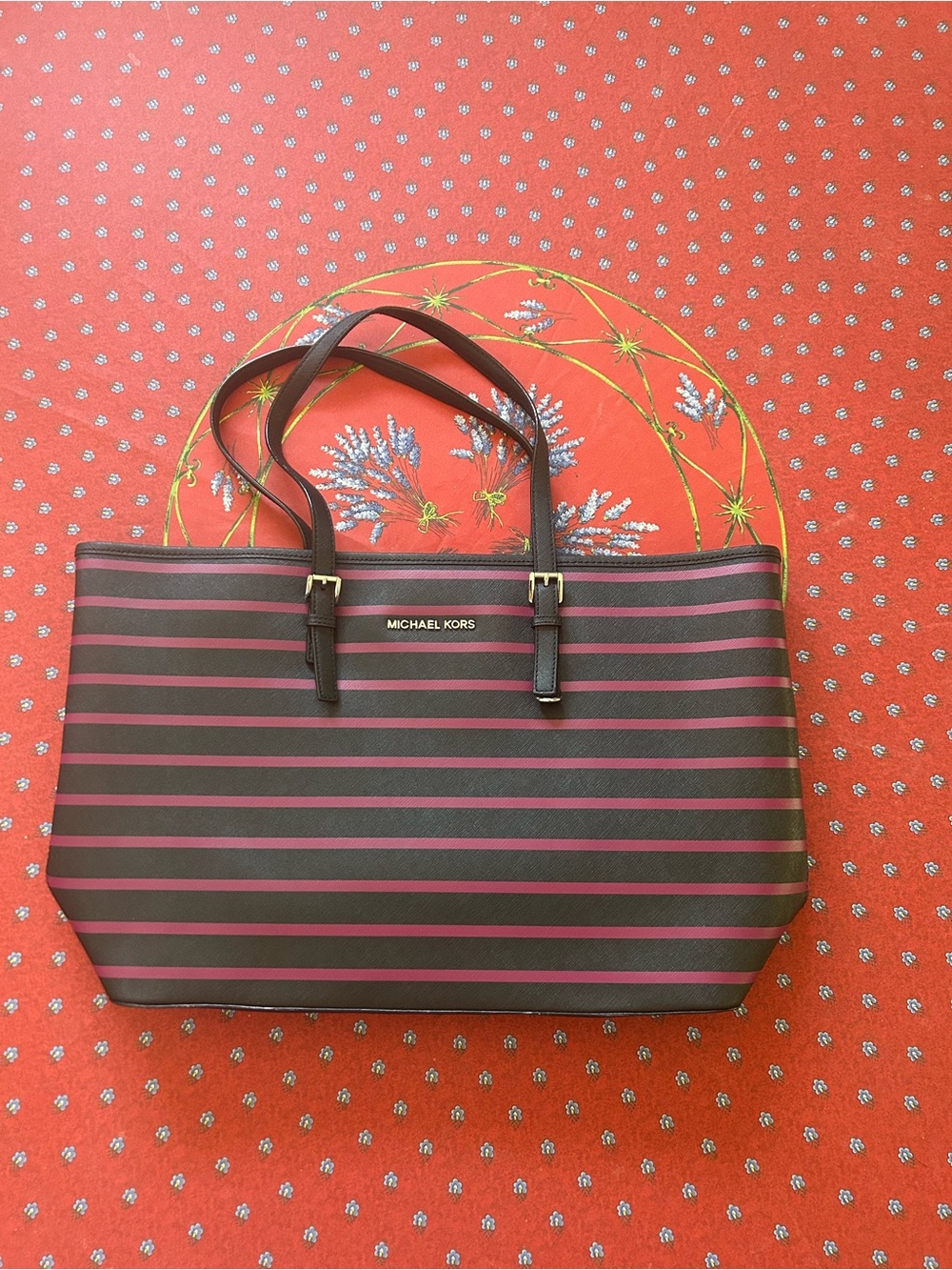Michael Kors Black and Pink Striped Tote. Like new. See measurements.